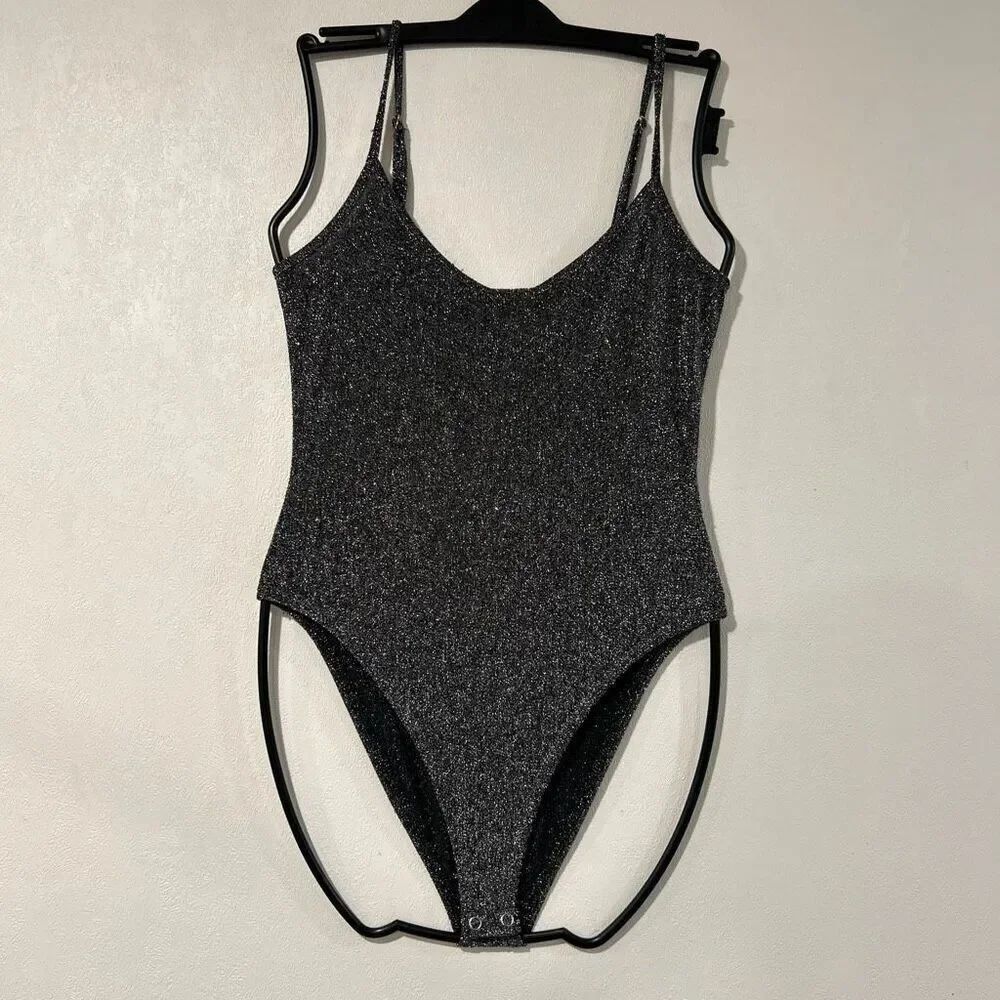 Forever 21 Black Metallic Glitter Bodysuit Spaghetti Strap Party Top Women’s Med